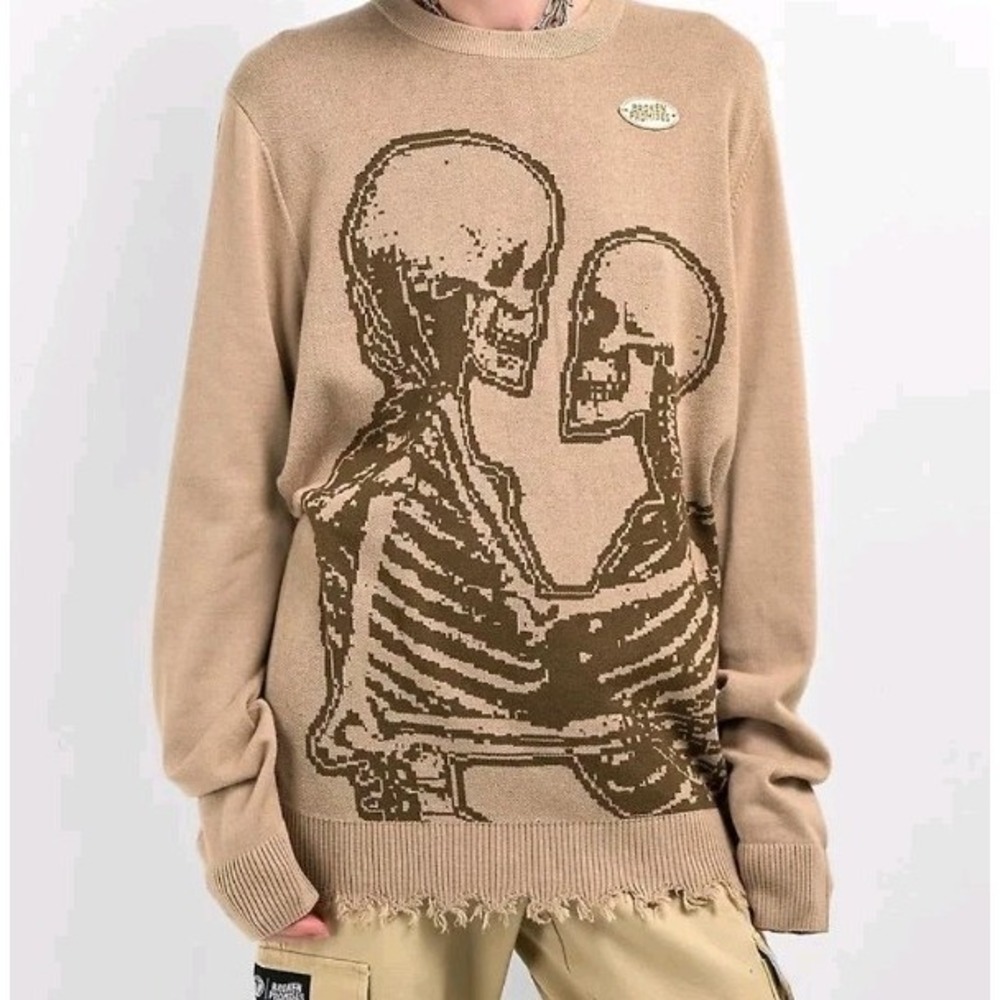 Broken Promises Embrace‎ Skeletons Distressed  Sweater Tan/Brown Small Skater